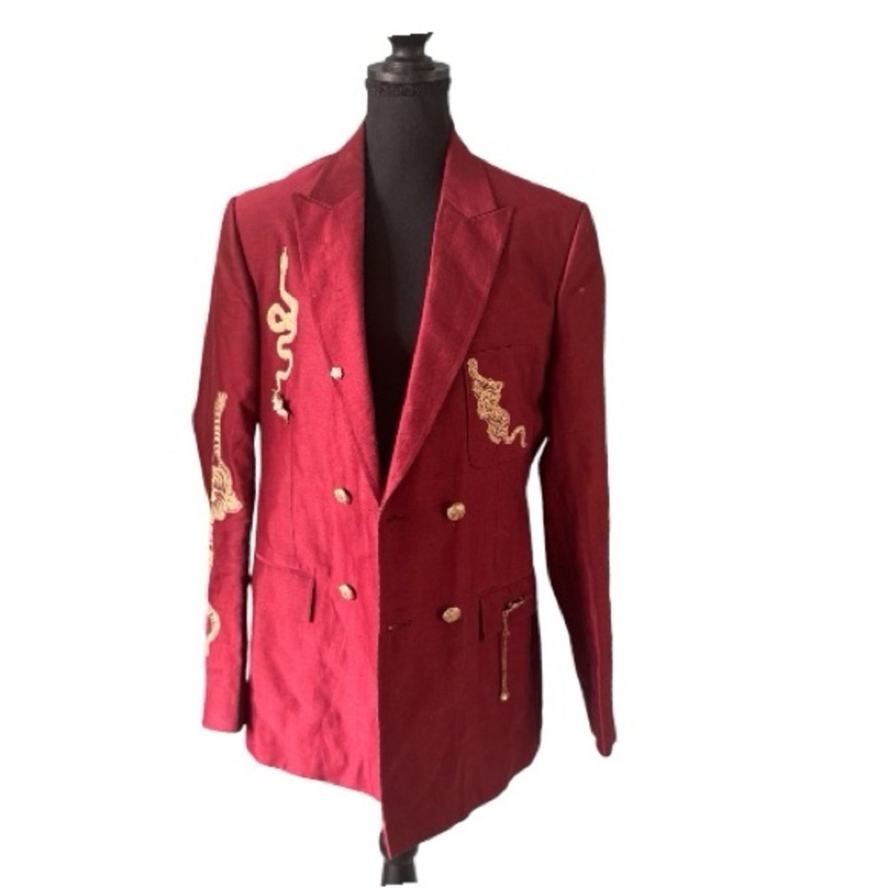 Arjan Duggal Red Silk Dragon Embroidered Blazer | Couture Evening Jacket